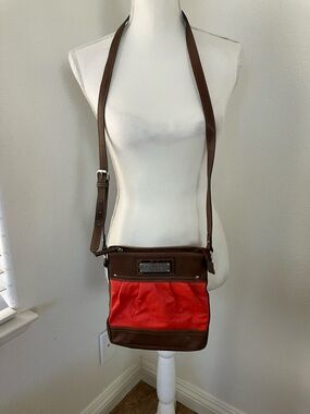 Chaps Red Fabric with Brown faux leather Crossbody Messenger